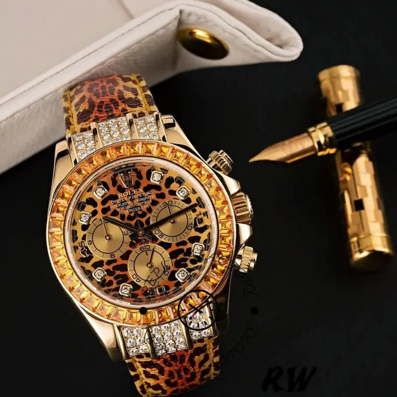 Product view of Rolex Daytona 116598 showing leopard orange dial and diamond-set bezel.
