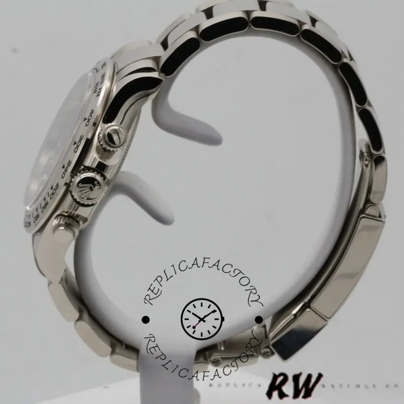 Rolex Daytona 116509 rear stand view, display holder behind the watch visible.