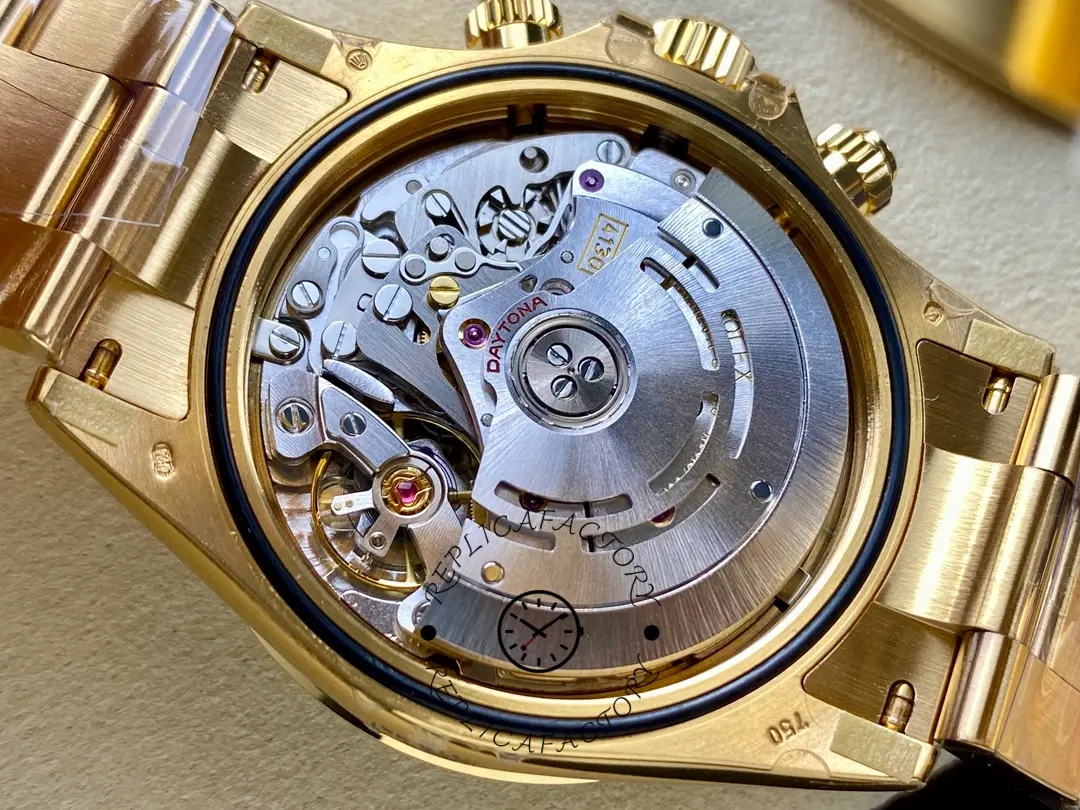 Movement view of Rolex Daytona 116508 showing rotor and gears through rear opening.