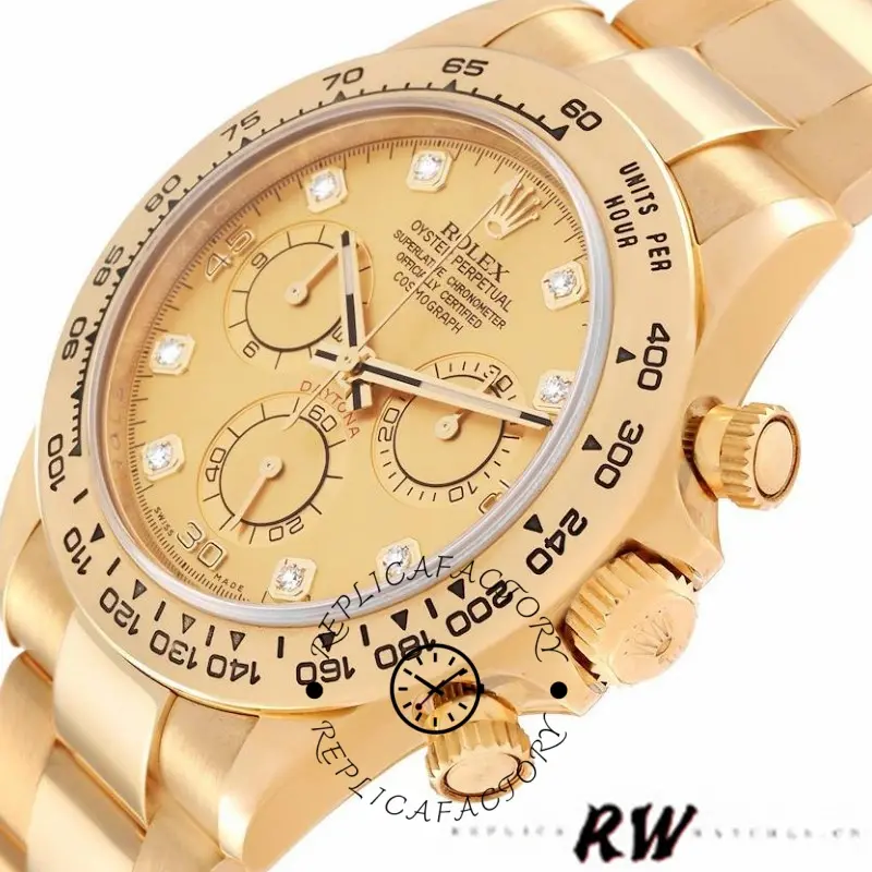 Rolex Daytona 116508 Yellow Gold Champagne Diamond Dial 40MM Mens Replica Watch