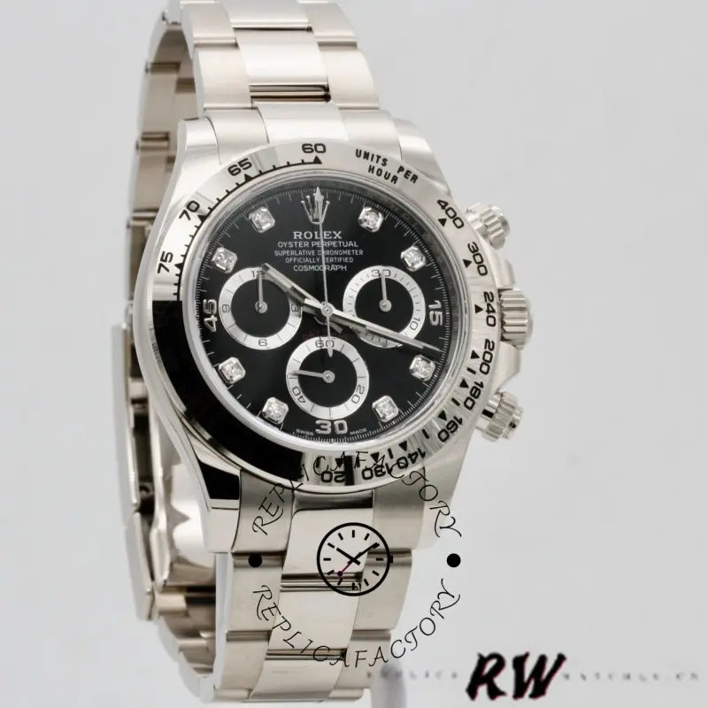 Rolex Daytona 116509 on stand, full watch front view with black dial and bracelet.