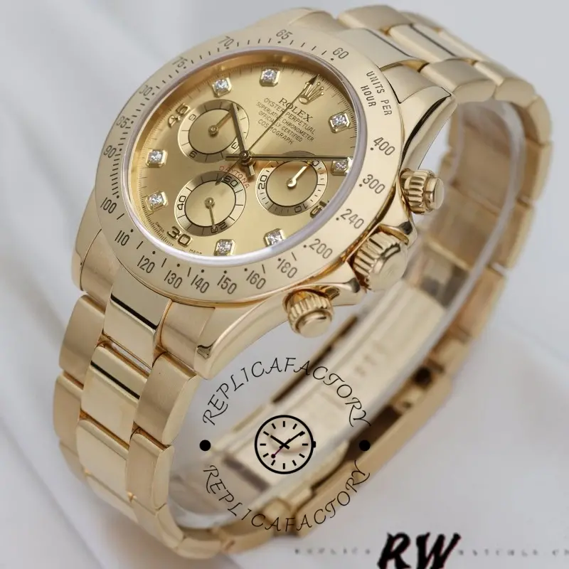 Three-quarter view of Rolex Daytona 116528 highlighting diamond-set dial and chronograph subdials.