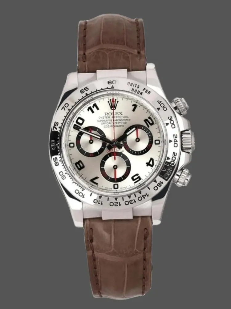 Front display of Rolex Daytona 116519 showing white racing dial and brown leather strap.