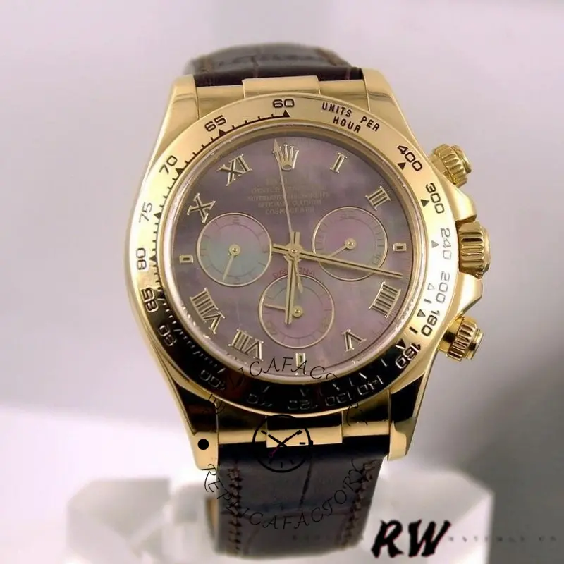 Rolex Daytona 116518 angled front view, black MOP dial shimmer and gold tachymeter bezel.