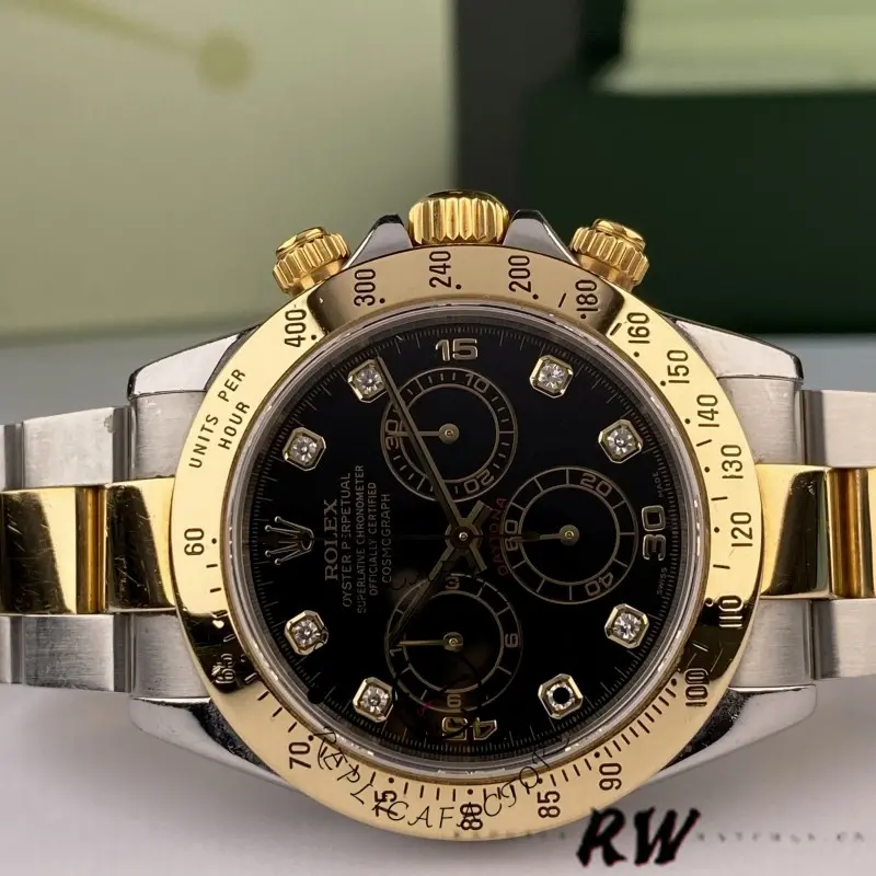 Rolex Daytona 116523 on stand, front view, black diamond dial with subdials.