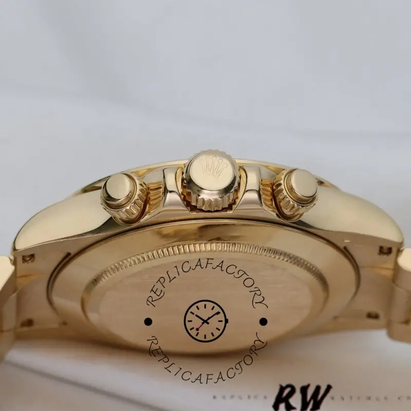 Crown-side view of Rolex Daytona 116528 showing gold crown and chronograph pushers.