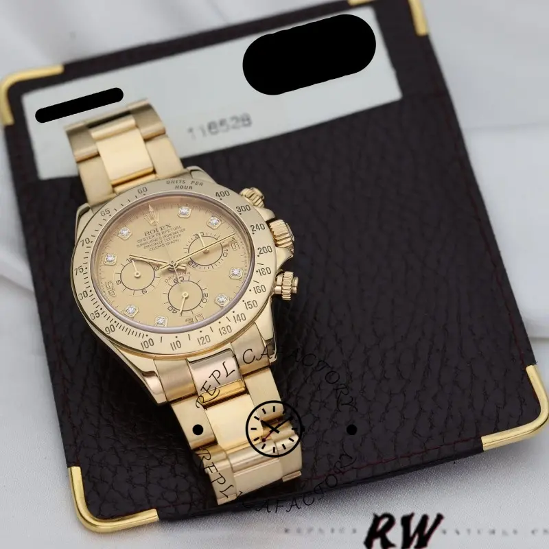 Lifestyle shot of Rolex Daytona 116528 on a book, showing full watch and gold bracelet.