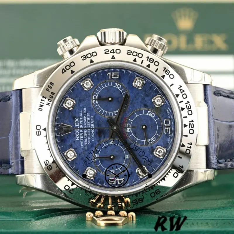 Display shot of Rolex Daytona 116519 showing blue sodalite dial and diamond-set bezel.