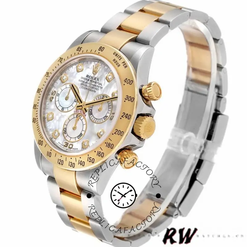 Another view of the Rolex Daytona 116523 reveals a diamond-set mother-of-pearl dial, a gold crown, and a two-tone bracelet.
