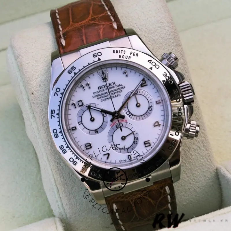 Rolex Daytona 116519 white Arabic dial brown leather strap 40mm Mens Replica Watch