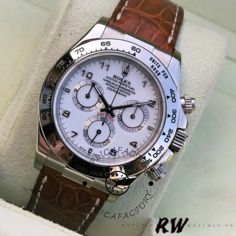 Rolex Daytona 116519 white Arabic dial brown leather strap 40mm Mens Replica Watch