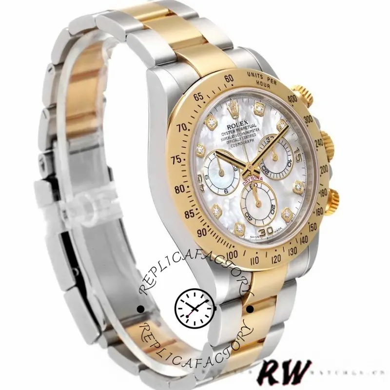 Three-quarter view of Rolex Daytona 116523 showing diamond MOP dial and two-tone bracelet.