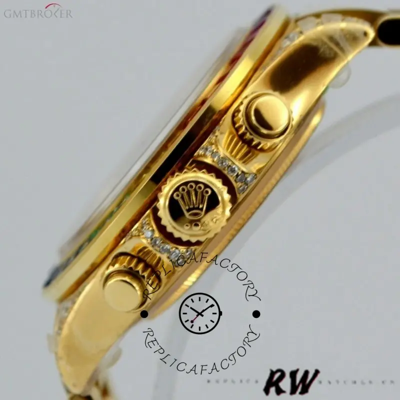 Side case close-up of Rolex Daytona 116528 showing crown, pushers, and gold finish.