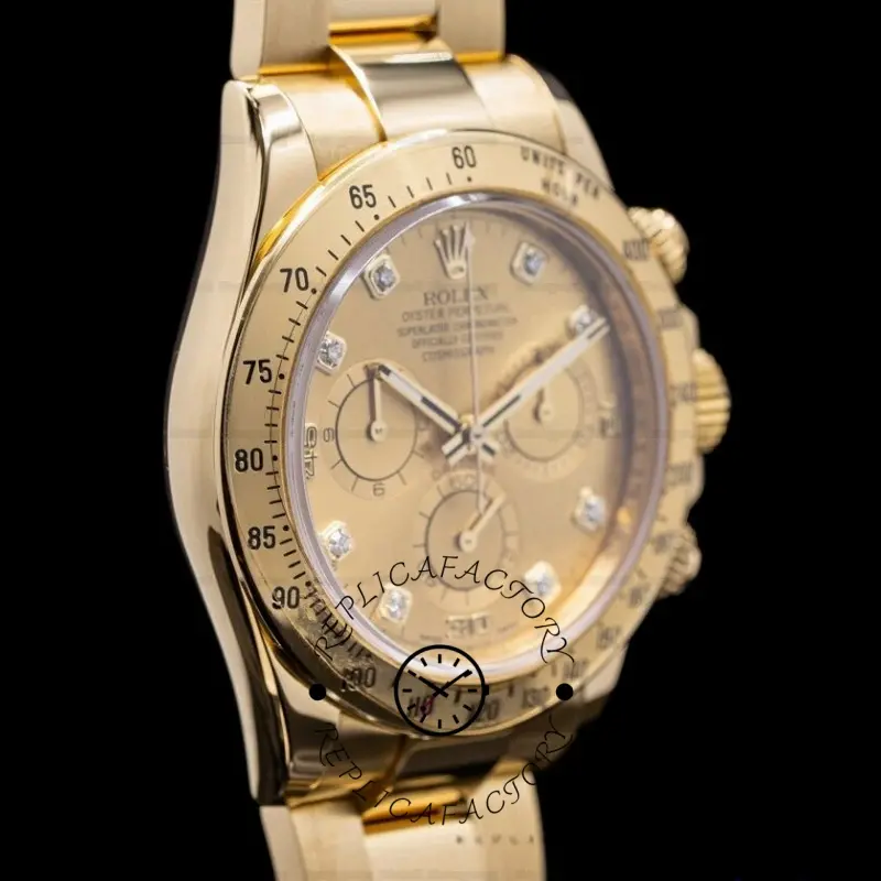 Angled view of Rolex Daytona 116528 showing champagne diamond dial and yellow gold case.