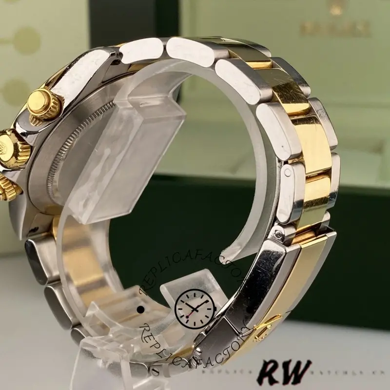 Rolex Daytona 116523 bracelet view on stand, side profile with clasp area visible.
