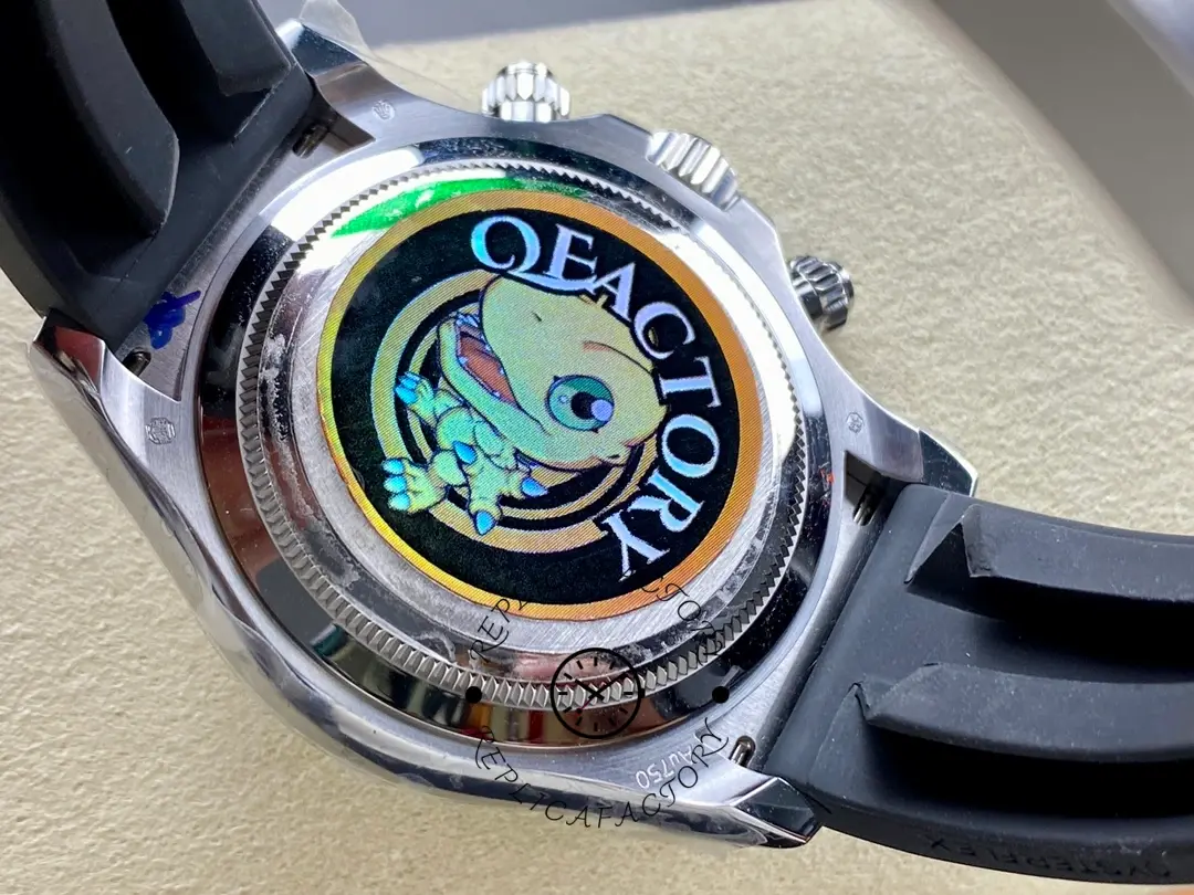 Rolex Daytona 116519 case back view, hologram sticker on back, black strap shown.