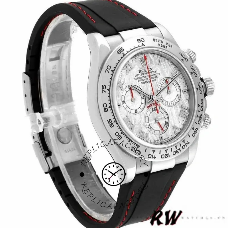 Rolex Daytona 116519 angled view, meteorite dial texture, black strap and steel case.