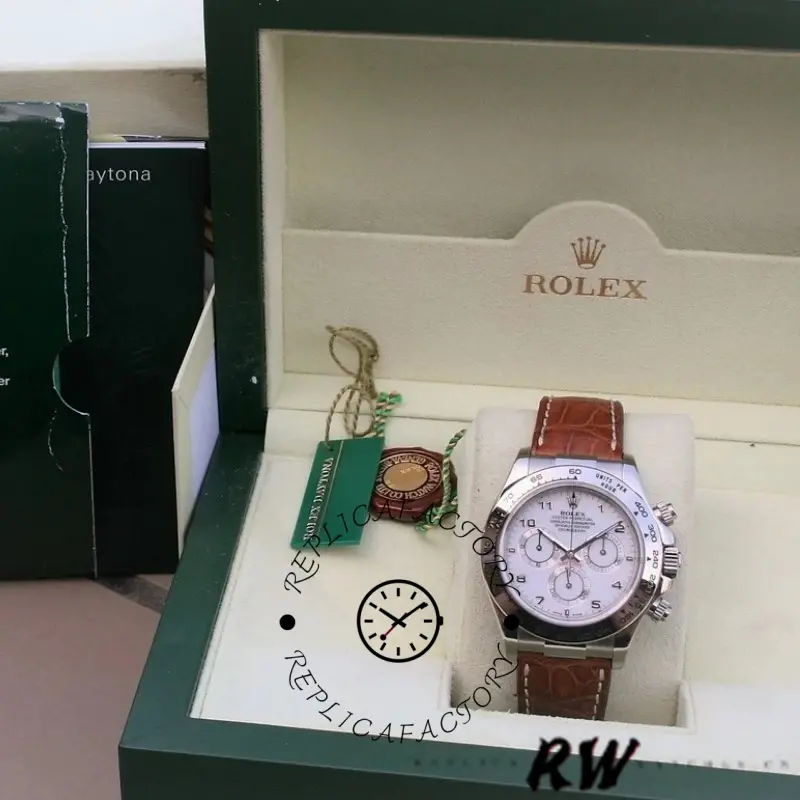 Rolex Daytona 116519 white Arabic dial brown leather strap 40mm Mens Replica Watch