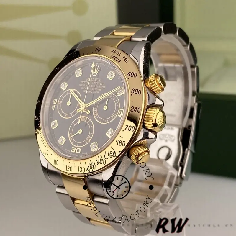 Rolex Daytona 116523 side-angled view, case profile and bracelet fit shown.