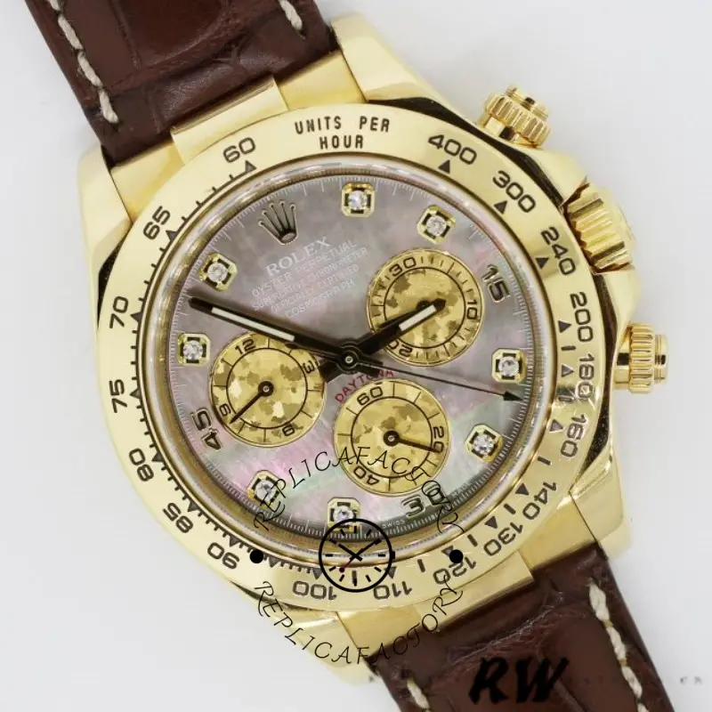 Rolex Daytona 116518 angled close-up, dark MOP dial shimmer, diamond markers and subdials.