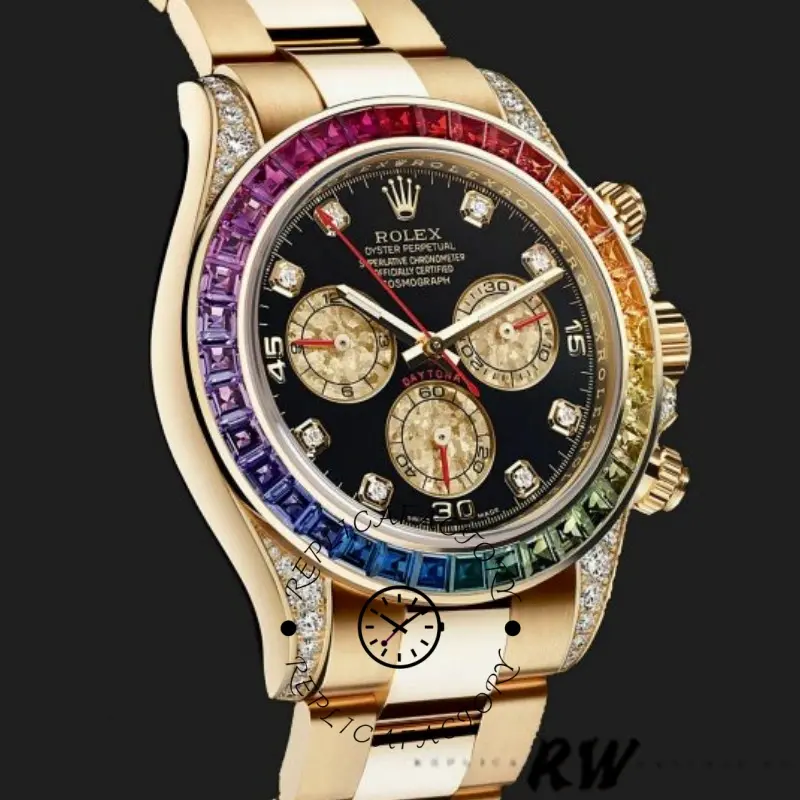Full watch view of Rolex Daytona 116528 on display, rainbow bezel and black diamond dial.
