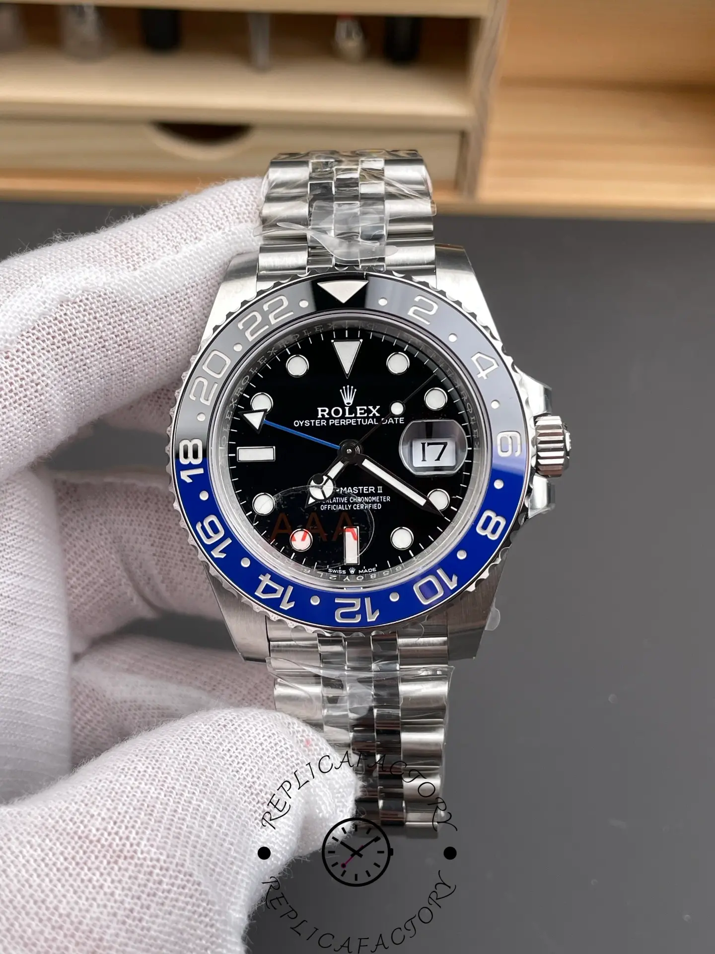VSF Rolex GMT-Master II 126710BLNR front view, black dial, Batman bezel, date.