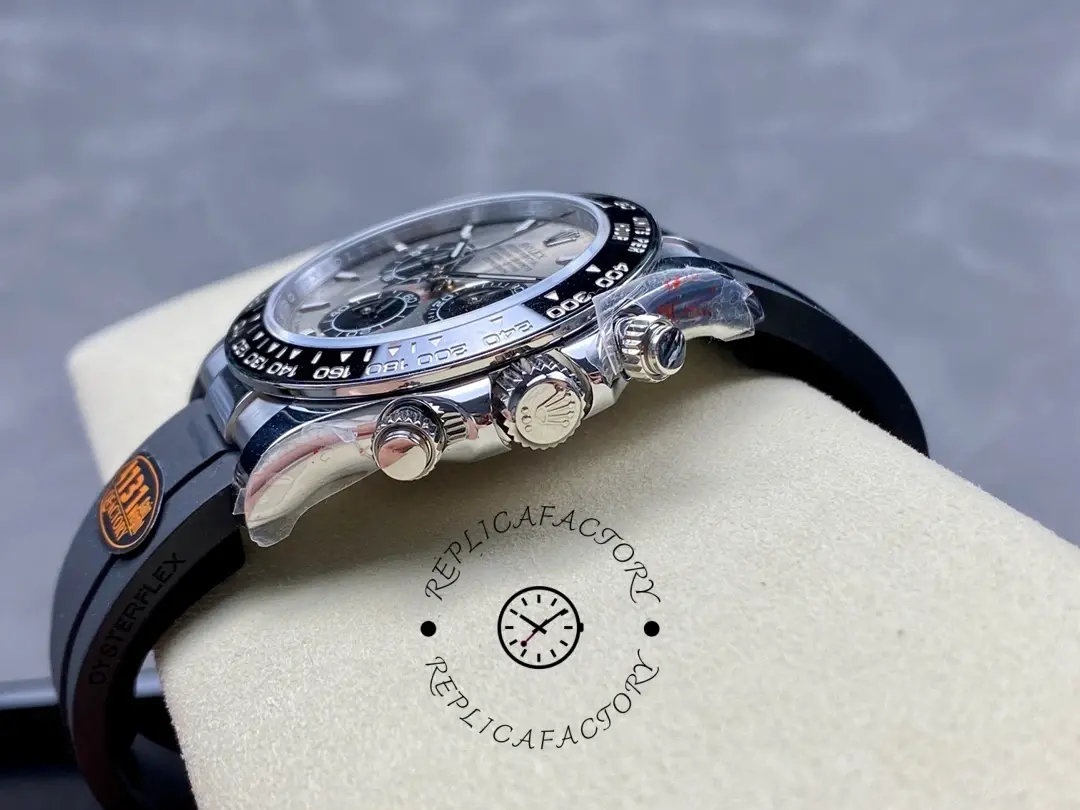 Rolex Daytona 116519 angled side profile, crown, lug shape and strap fit highlighted.