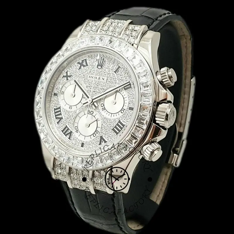 Side angled view of the Rolex Cosmograph Daytona 116599 40mm showing diamond lugs and strap fit.