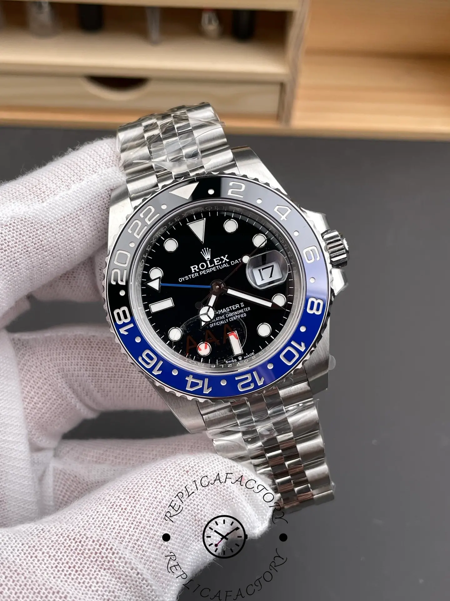 VSF Rolex GMT-Master II 126710BLNR angled view showing black dial and Batman bezel.
