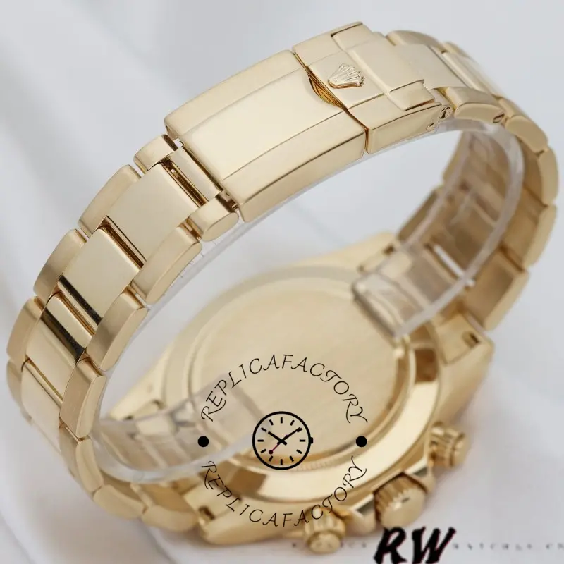 Bracelet and clasp view of Rolex Daytona 116528 showing gold links and clasp finish.
