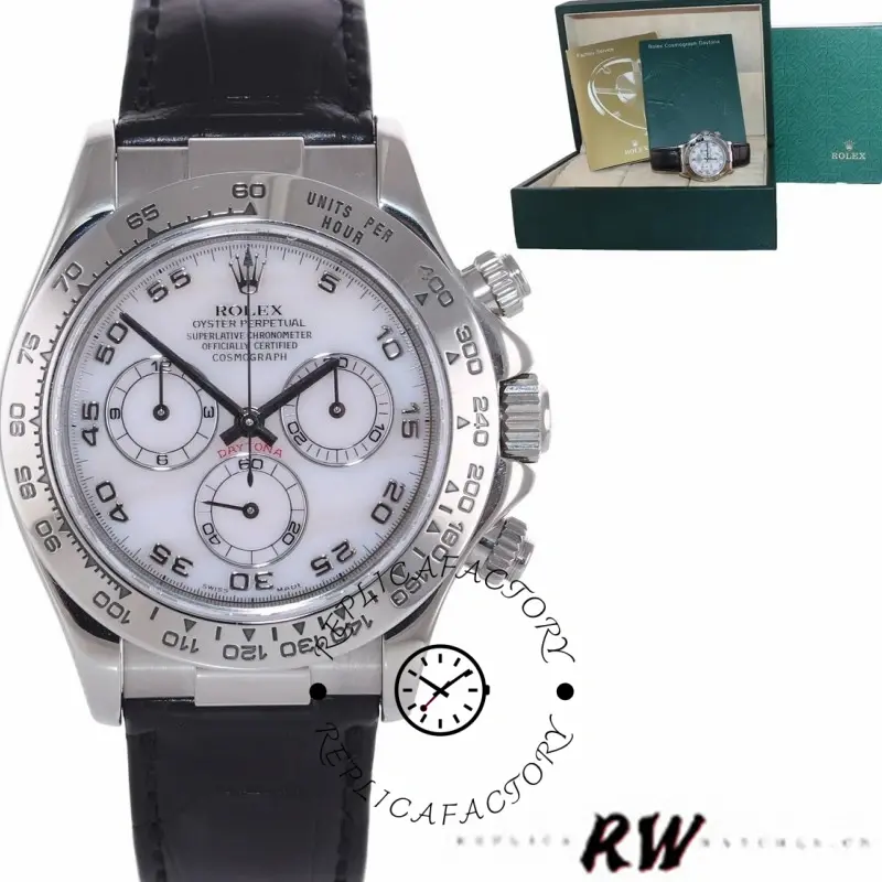 Rolex Daytona 116519 full watch view, MOP Arabic dial, black strap, box in background.