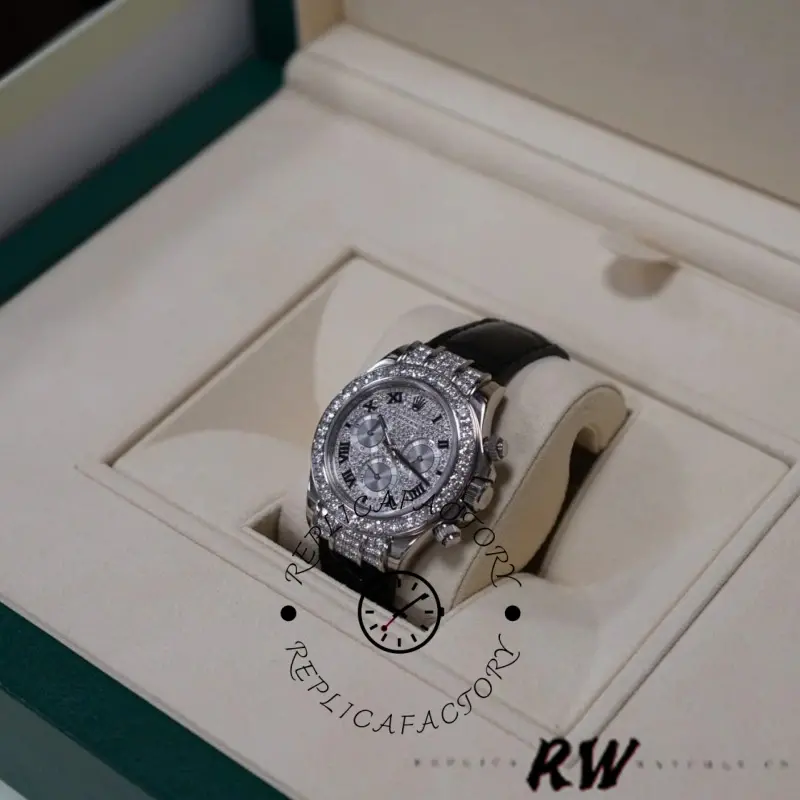 Box display view of the Rolex Cosmograph Daytona 116599 40mm showing watch on cushion in case.