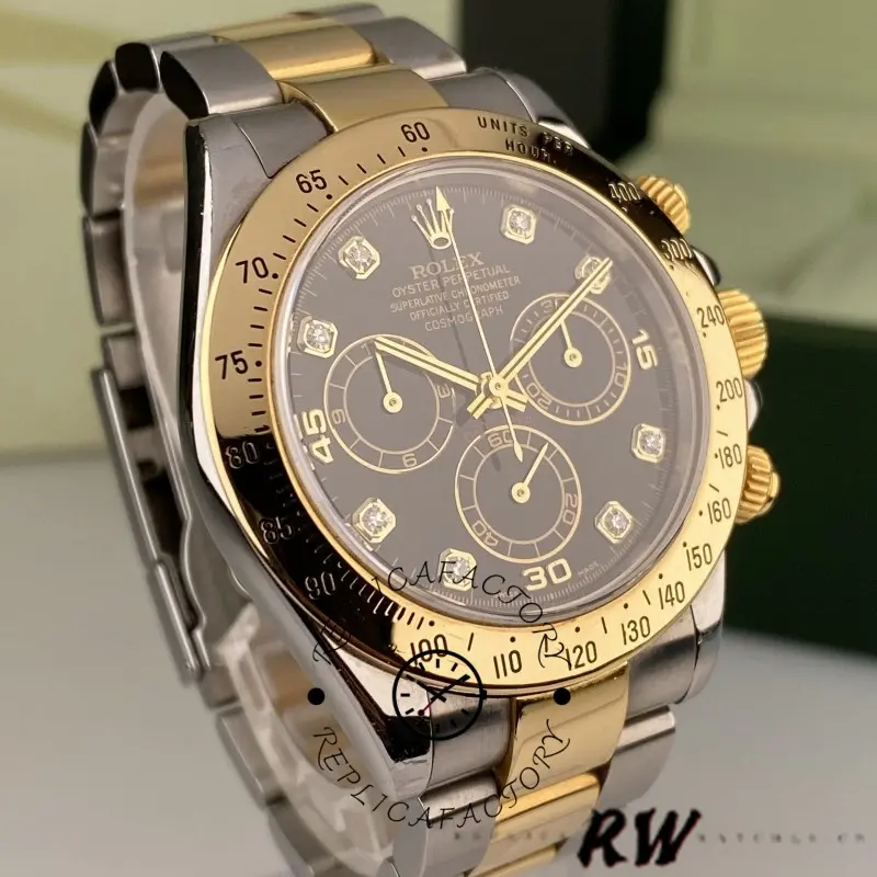 Rolex Daytona 116523 front view on stand, black dial with diamond markers in focus.