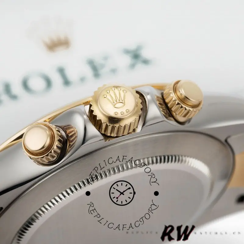 Case-side close-up of Rolex Daytona 116523 showing crown and chronograph pushers.