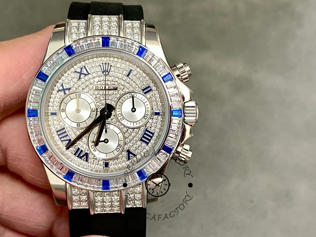 Hand-held front view of Rolex Daytona 116599 showing pave dial and diamond bezel.