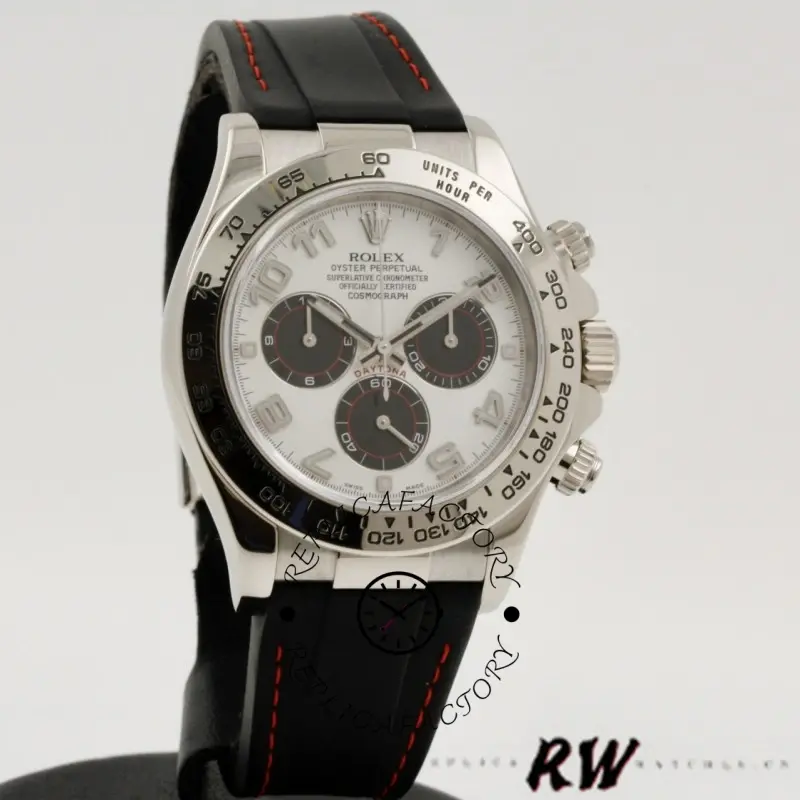 Three-quarter view of Rolex Daytona 116519 showing panda dial and rubber strap with red stitching.