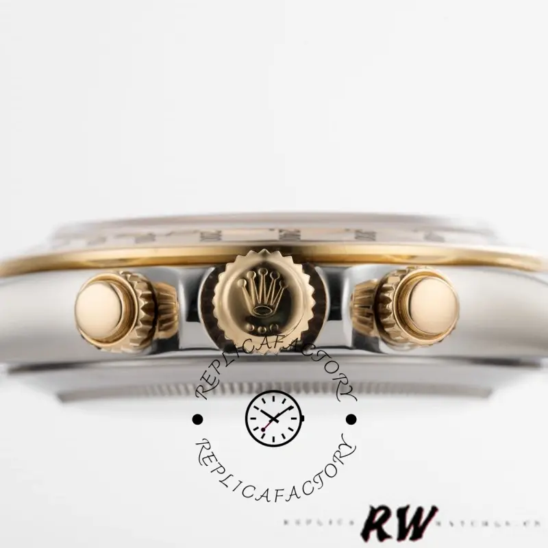 Side profile of Rolex Daytona 116523 showing crown, chronograph pushers, and case thickness.