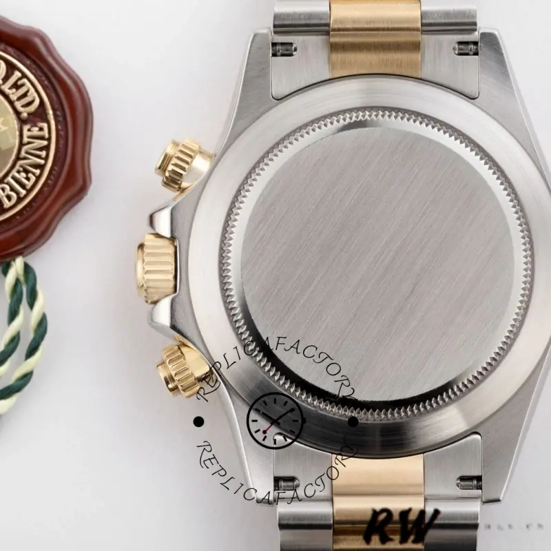 Case back view of Rolex Daytona 116523 showing smooth back and two-tone end links.