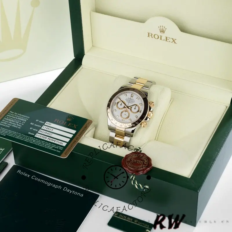 Full set view of Rolex Daytona 116523 with Rolex box, white diamond dial on display.