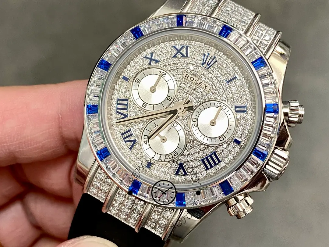 Close-up angled view of Rolex Daytona 116599 showing diamond bezel and pave dial shine.