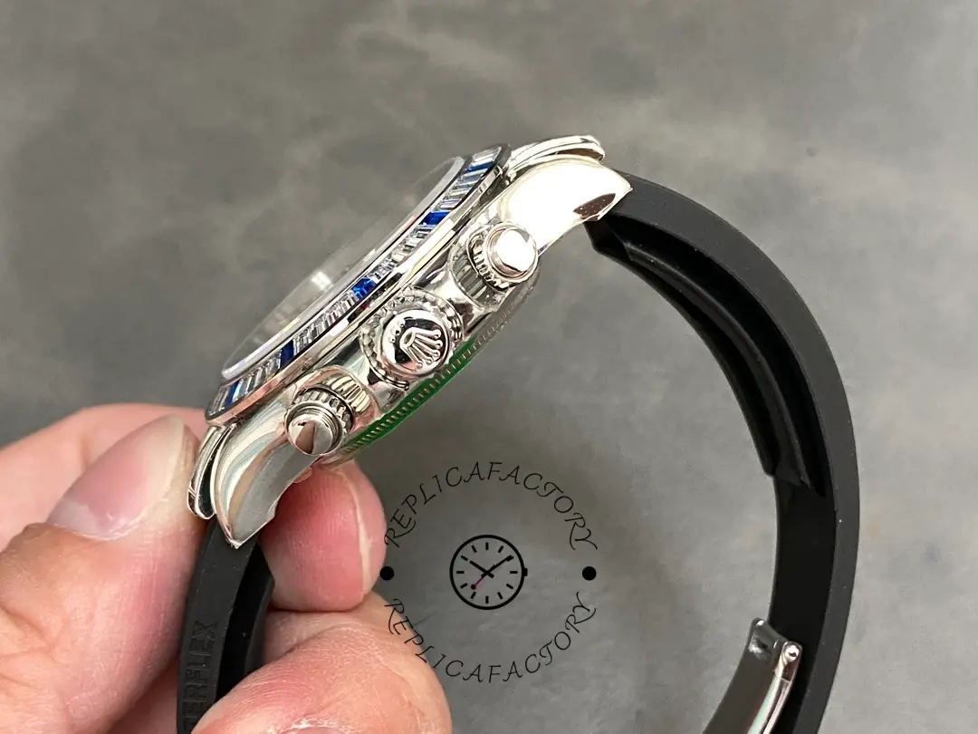Side view of Rolex Daytona 116599 showing crown, diamond bezel height and case edge.