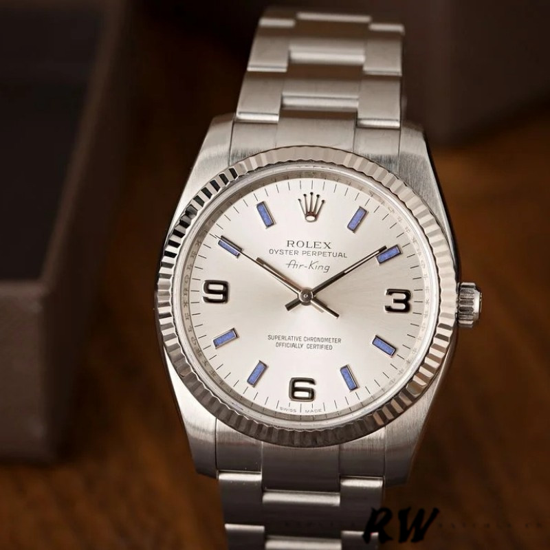 Rolex Oyster Perpetual Air-King 114234 Blue Hour Markers Silver Dial 34mm Unisex replica watch