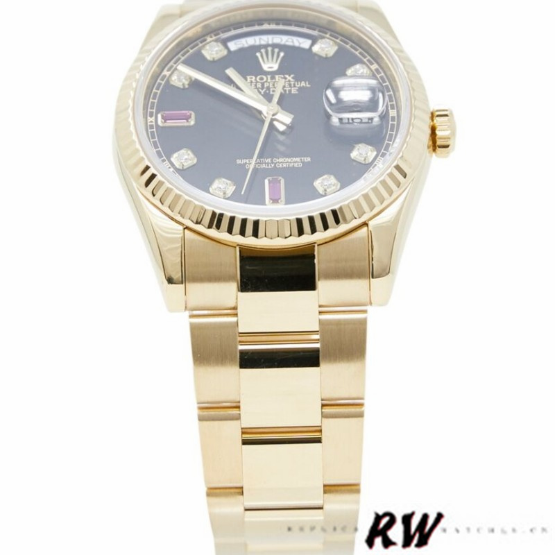 Rolex Day Date 118238 Yellow Gold Black Diamond Dial Fluted Bezel 36mm Mens Replica Watch