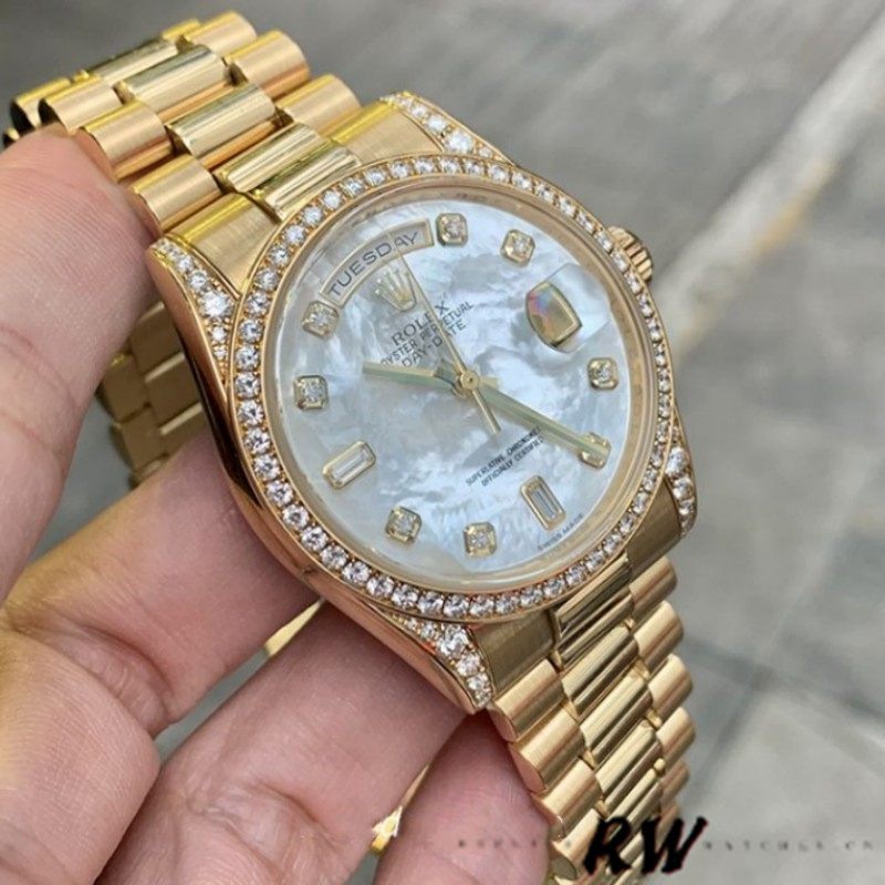 Rolex Day-Date 118388 White Mother-Of-Pearl Diamond Dial 36MM Unisex Replica Watch