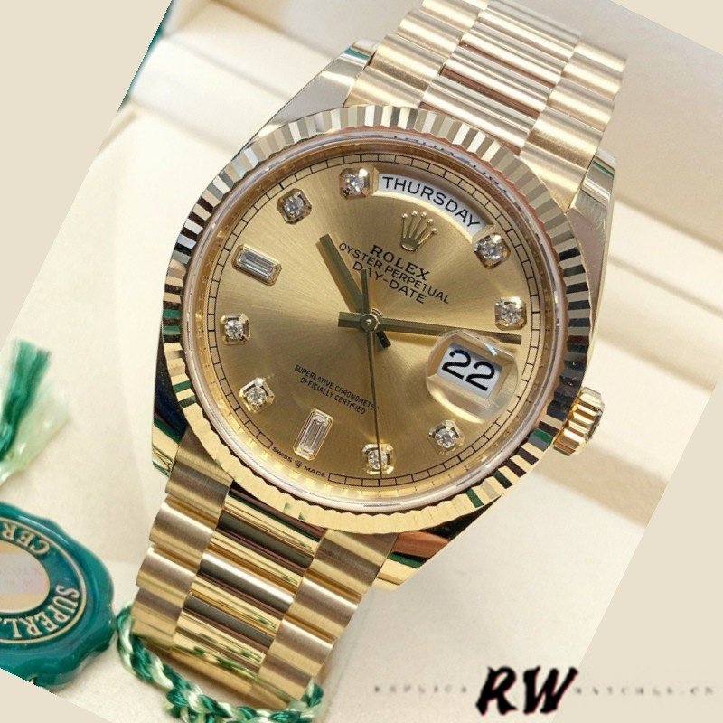 Rolex Day-Date 128238 0008 Fluted Bezel Champagne Diamond Dial 36MM Unisex Replica Watch