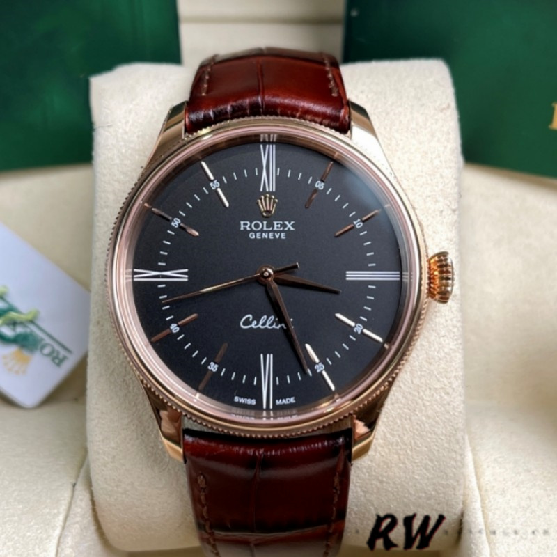 Rolex Cellini Time 50505 Brown Leather Strap Black Dial 39mm Mens Replica Watch