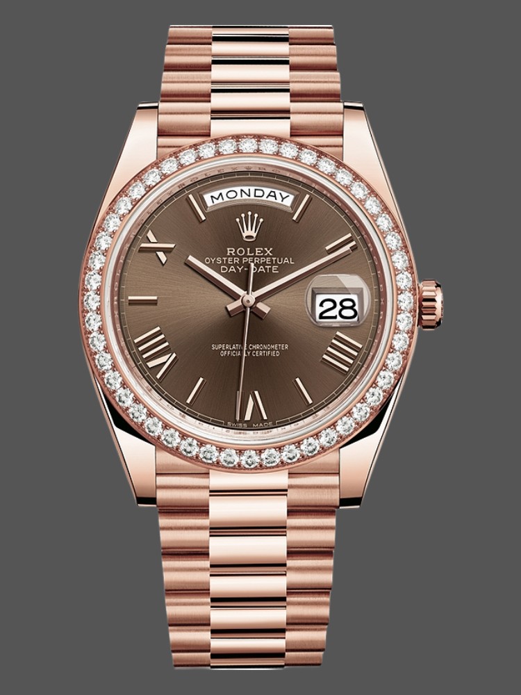 Rolex Day-Date 228345RBR Chocolate Brown Roman Dial Diamond Bezel 40mm Mens Replica Watch