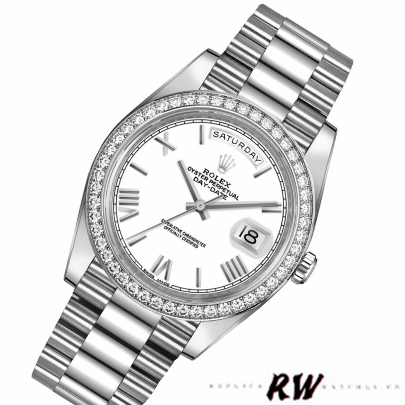 Rolex Day-Date 228349RBR White Roman Dial Diamond Bezel 40mm Mens Replica Watch