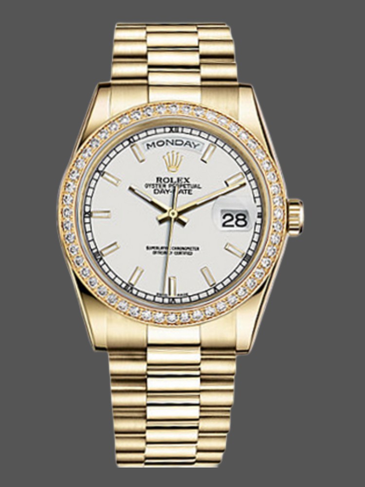 Rolex Day-Date 118348 Yellow Gold White Dial 36mm Unisex Replica Watch
