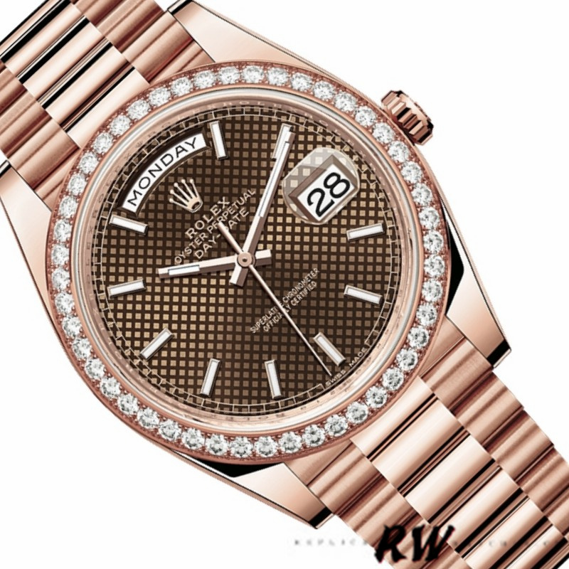 Rolex Day-Date 228345RBR Chocolate Brown Diagonal Motif Dial Diamond Bezel 40mm Mens Replica Watch